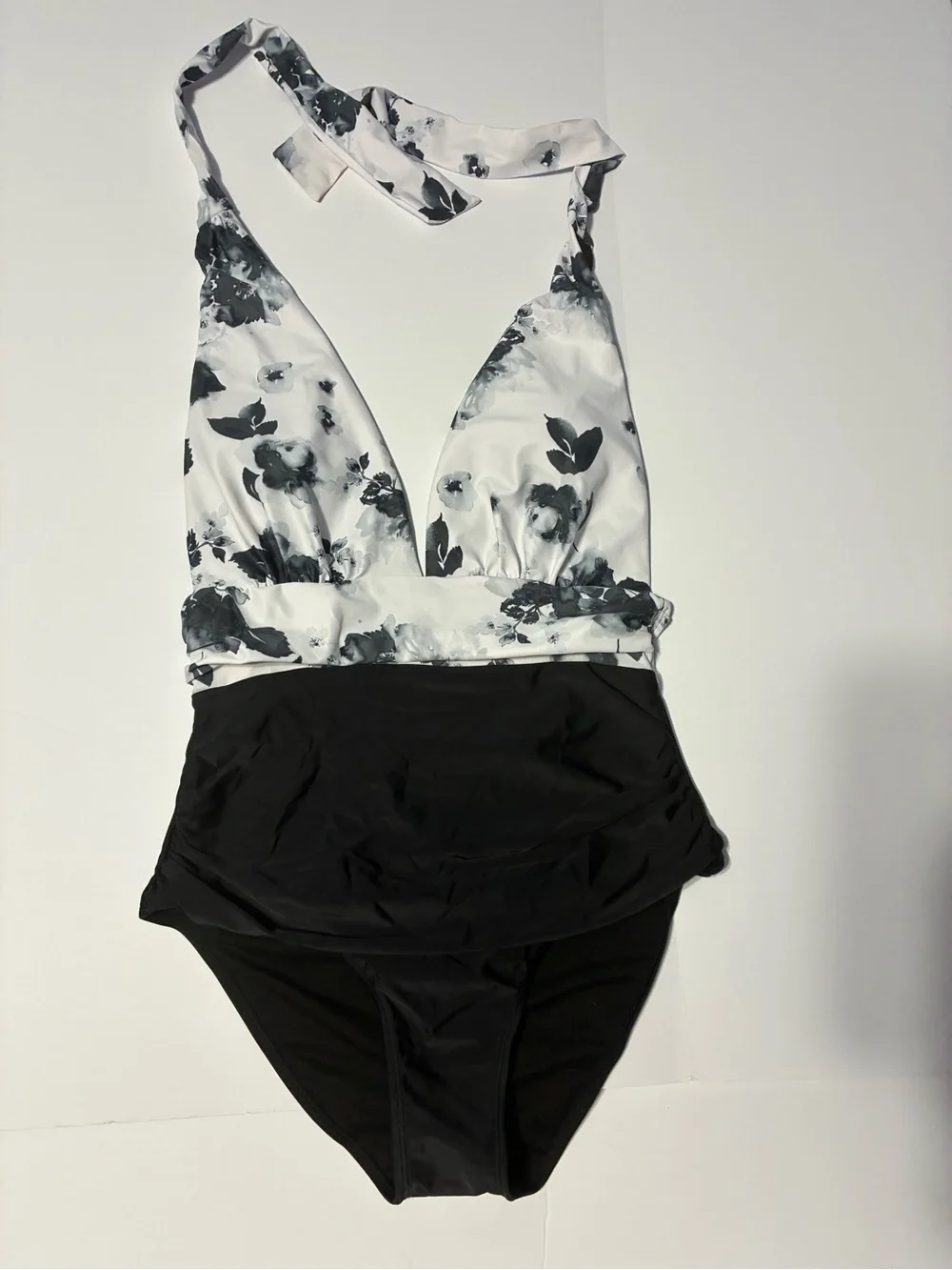 Black & White Floral Colorblock Halter One-Piece Swimsuit — Size L (Pre-Loved)